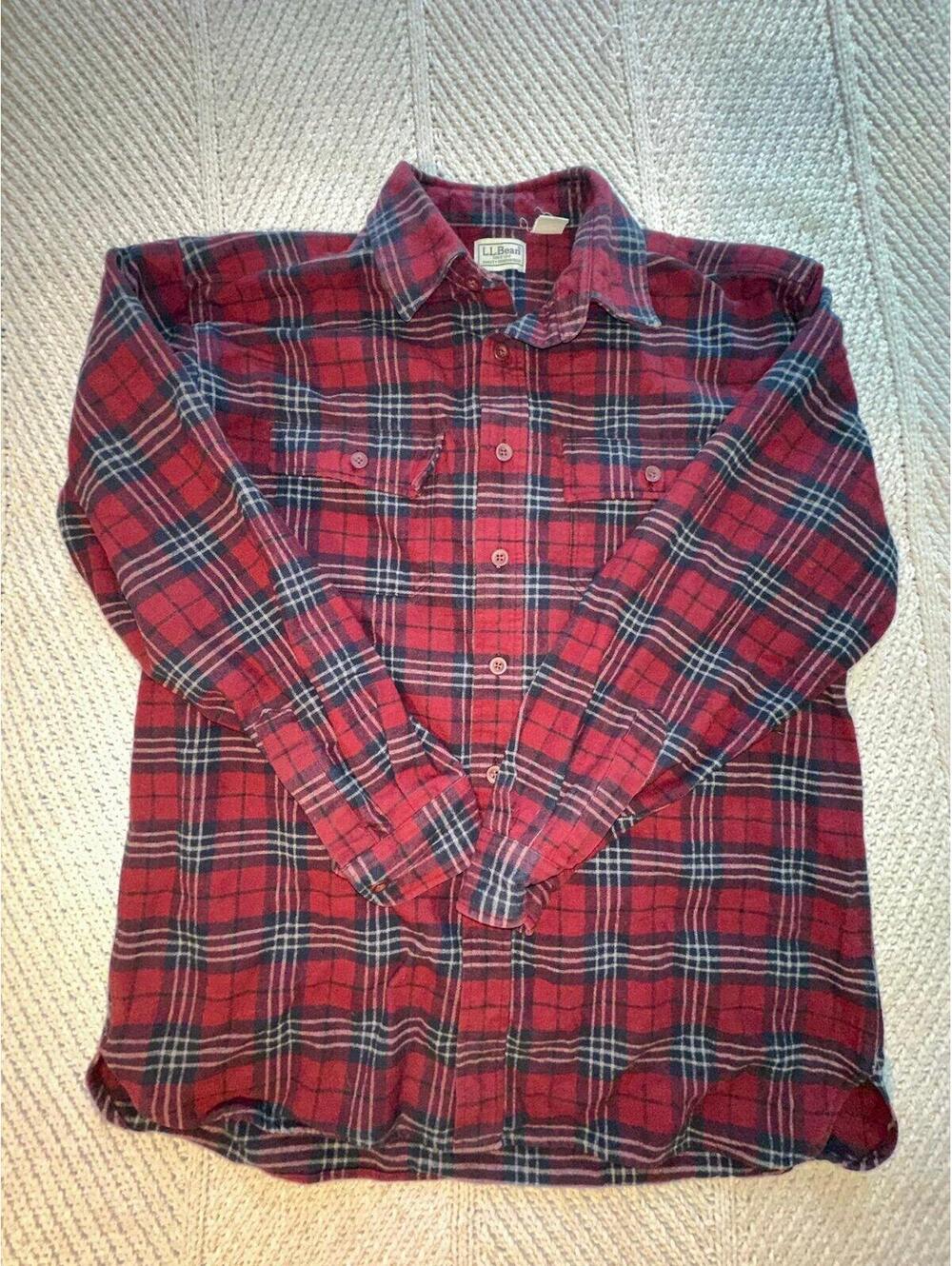 Vintage LL Bean Mens LG 100% Cotton Flannel Shirt Red Blue Green Plaid EUC